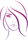 Multi-colored icon of a woman with hair swooping over her face.